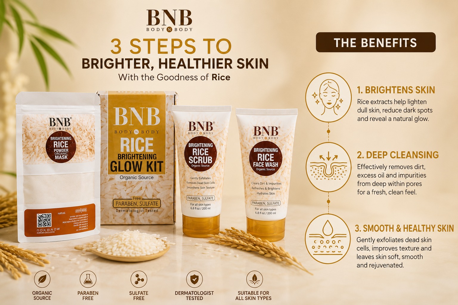 BNB Rice Brightening Glow Kit — 3-in-1 Organic Skincare Set | Face Wash, Scrub & Powder Mask